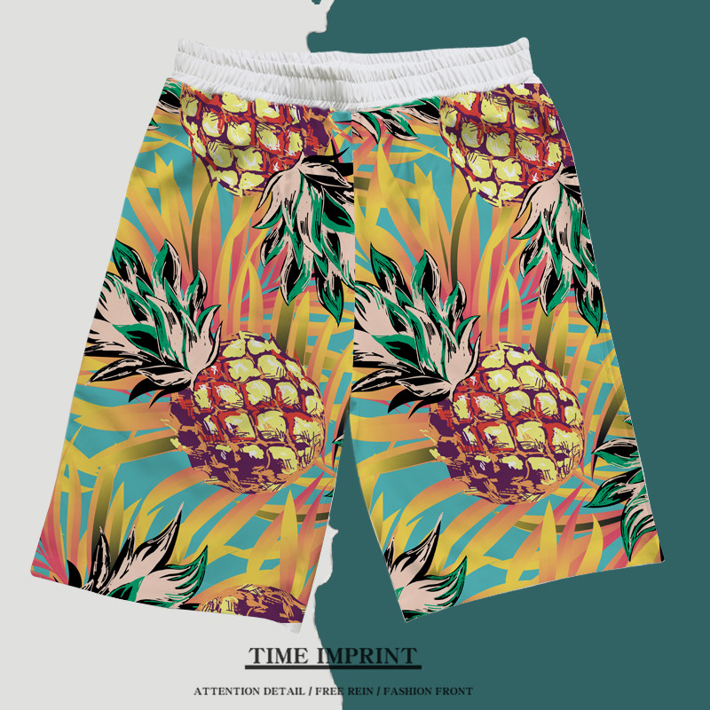 新款菠萝凤梨印花短裤速干水果热带沙滩裤大裤衩港风海岛五分裤潮