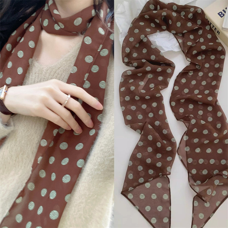 棕色波点丝巾印花高级百搭配饰系脖女2025年新款发带绑发长条围巾