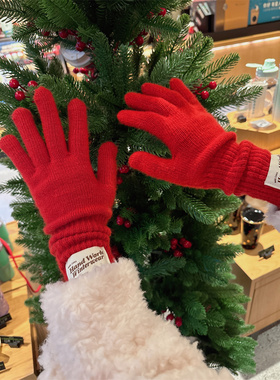 定制款~韩国红色针织长款手套女2024冬季新款五指可触屏骑行手套