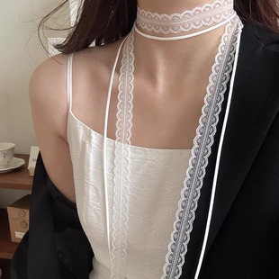 叠戴层次感设计白色蕾丝飘带细窄女春夏百搭锁骨颈带丝巾项链2条