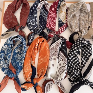 秋冬新款复古腰果格子条纹手感小方巾丝巾围巾领巾绑腰包头用