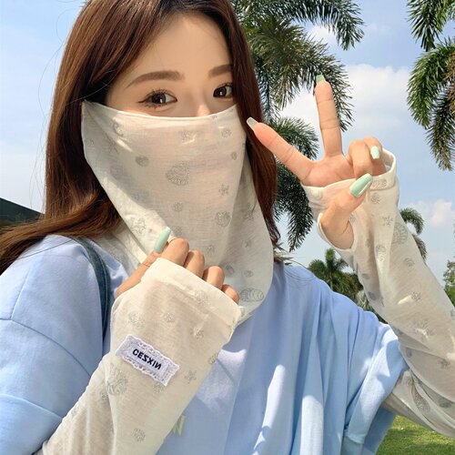 2026新款印花冰丝奶黄色防晒面罩女夏薄款宽松遮阳护颈脖套