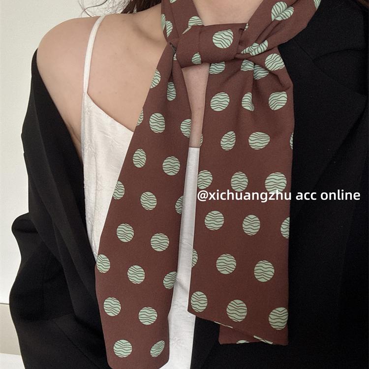 2025年春夏新款棕色波点丝巾印花高级百搭气质女发带绑发长条围巾