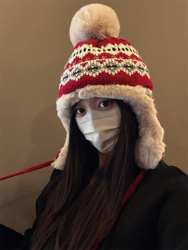 圣诞风毛线帽子女秋冬天可爱韩版百搭保暖球球针织帽护耳套头帽潮
