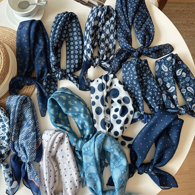 2025秋冬新款蓝色百搭装饰包头巾波点棉麻小方巾领巾围巾绑腰上女