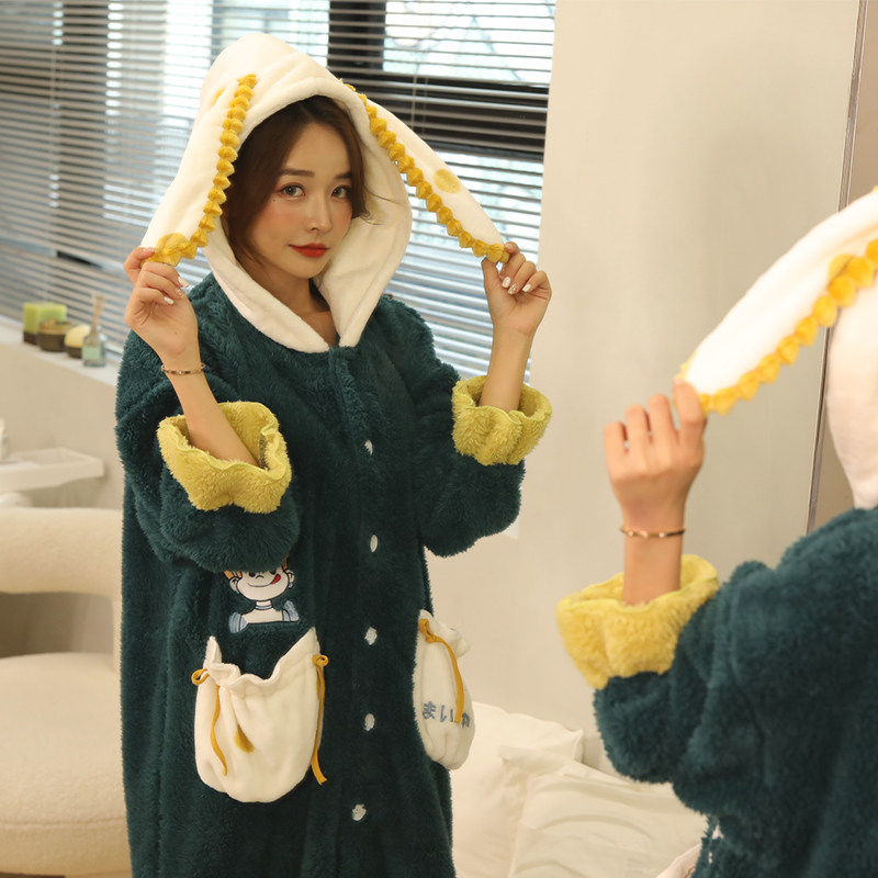韩版秋冬季睡衣女法兰绒长款连帽睡袍珊瑚绒浴袍北极绒睡裙家居服