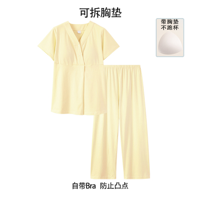 月子服夏季纯棉薄款吸汗产后带胸垫孕妇睡衣短袖喂奶哺乳睡衣孕期 — 2