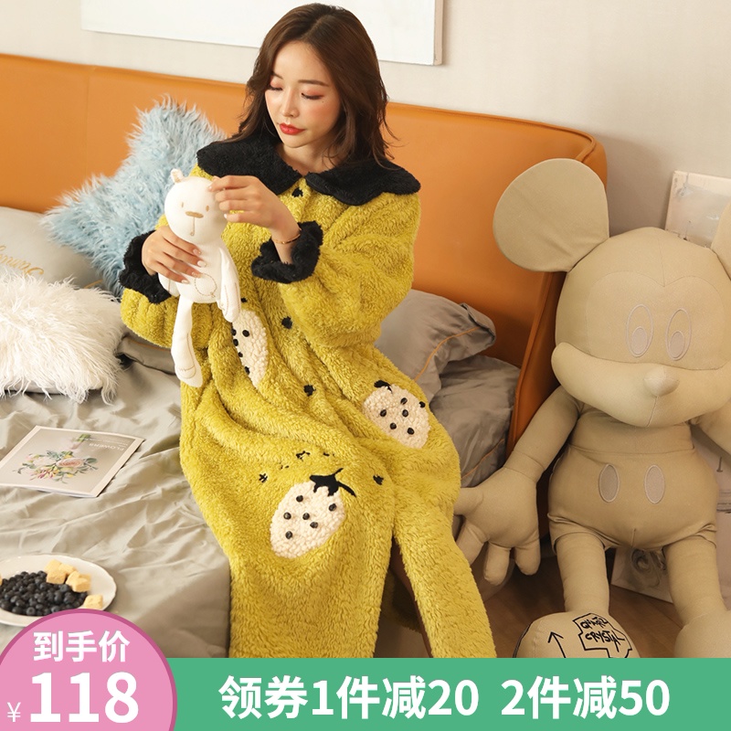 秋冬睡衣女韩版加厚保暖珊瑚绒长款睡袍法兰绒睡裙浴袍晨袍家居服