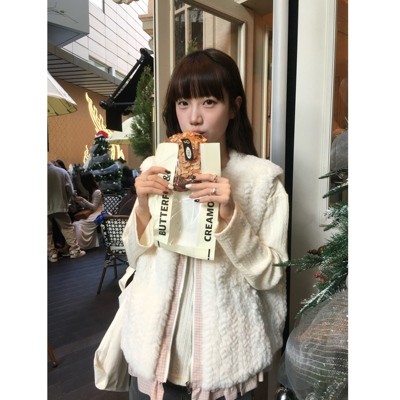 环保皮草少女感拼接毛绒背心上衣