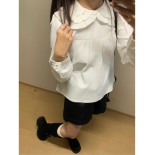 岛屿日记 白色花边领压褶娃娃领衬衫 少女短款上衣