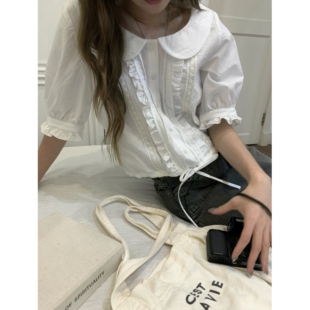 岛屿日记 娃娃领木耳边蕾丝拼接少女感短款中袖衬衫