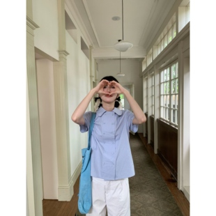 岛屿日记 百搭双排扣蓝色复古娃娃领衬衫夏季短袖上衣