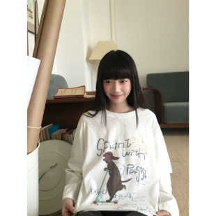 T恤秋 纯棉印花假两件宽松白色长袖 岛屿日记 快乐小狗