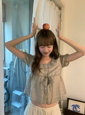 芥末橄榄格短款高腰系带上衣