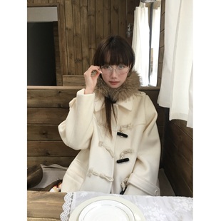 岛屿日记 12/12 20:00  雪国情书 白色牛角扣毛呢中长款大衣外套