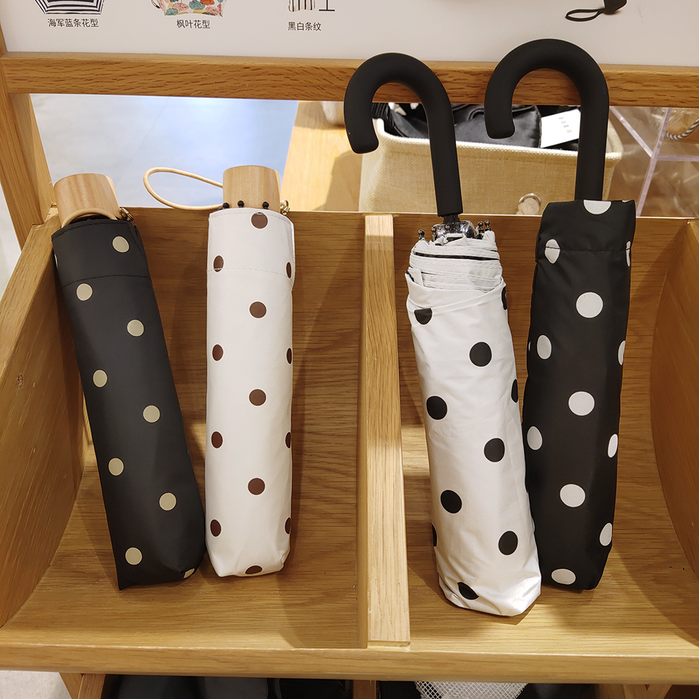 经典黑白波点防晒伞 日系ins复古小清新木柄大伞面弯钩晴雨伞学生