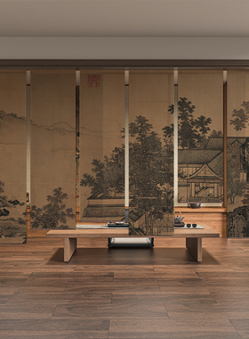 宋代美学中式古画山水屏风软隔断客厅办公室装饰遮阳升降卷帘窗帘