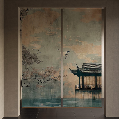 宋代美学禅意中式屏风软隔断客厅玄关遮挡装饰半透帘窗帘门帘仙鹤