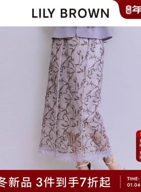 LILY BROWN2025秋冬新品高腰蕾丝边刺绣直筒开叉半身裙LWFS254137