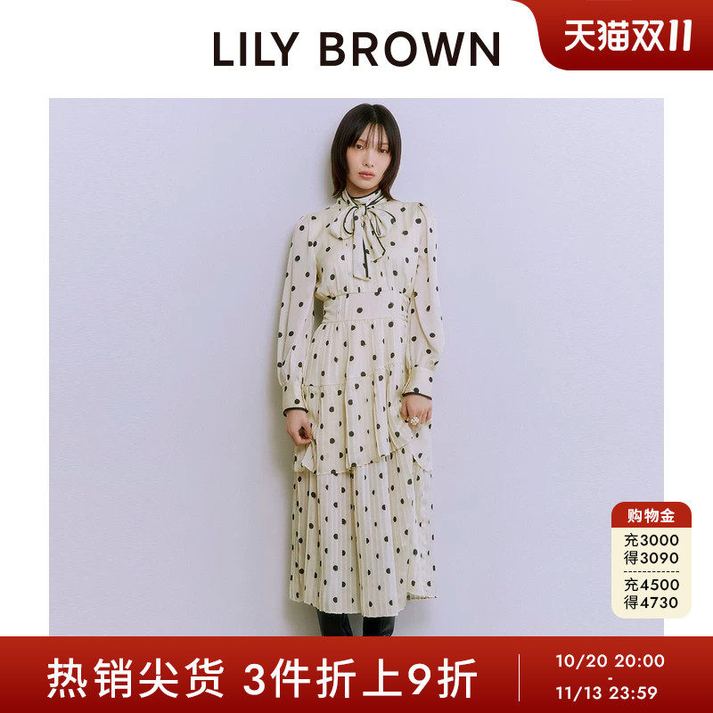 LILY BROWN秋冬款优雅蝴蝶结系带收腰百褶连衣裙LWFO255001