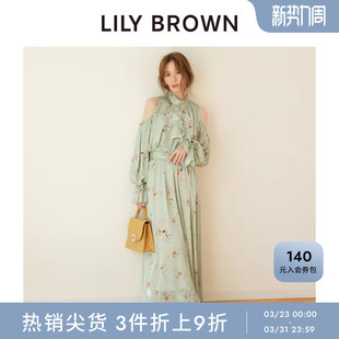 LILY 露肩收腰荷叶边印花雪纺连衣裙LWFO255046 BROWN秋冬款