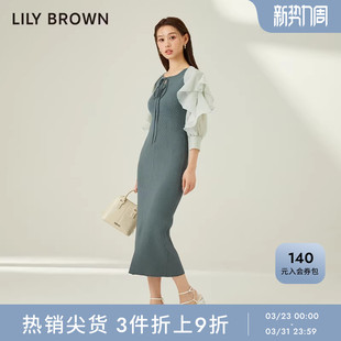 LILY 荷叶边雪纺针织两件套连衣裙LWNO232073 BROWN春夏款