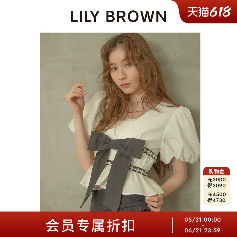 LILY BROWN2026春夏新品CANDY蝴蝶结V领泡泡袖衬衫上衣LWFT262844