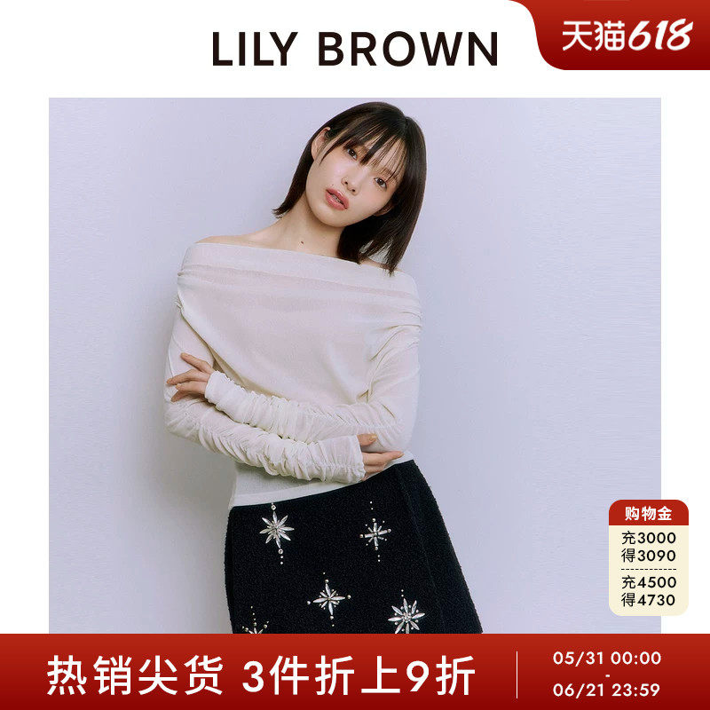 LILY BROWN秋冬款一字领褶皱纯色修身长袖上衣LWCT255116