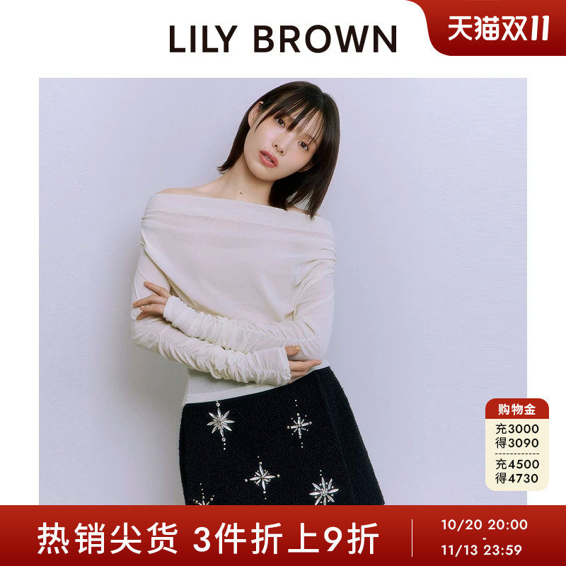 LILY BROWN秋冬款一字领褶皱纯色修身长袖上衣LWCT255116