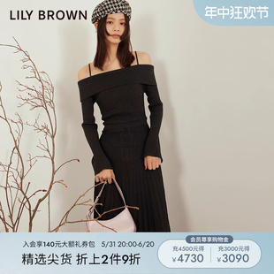 针织百褶连衣裙LWNO235156 气质一字领修身 BROWN秋冬款 LILY