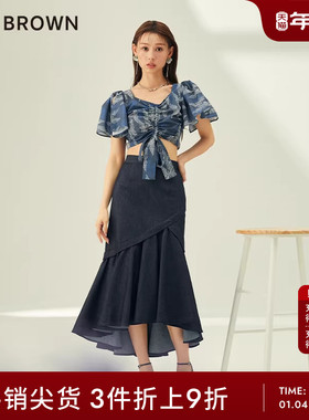 LILY BROWN春夏款甜美高腰格纹不对称鱼尾半身裙LWFS231160