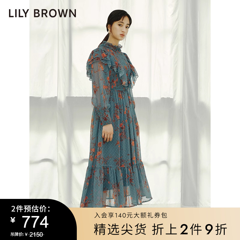 LILY BROWN秋冬 碎花雪纺立领复古大摆连衣裙LWFO214154