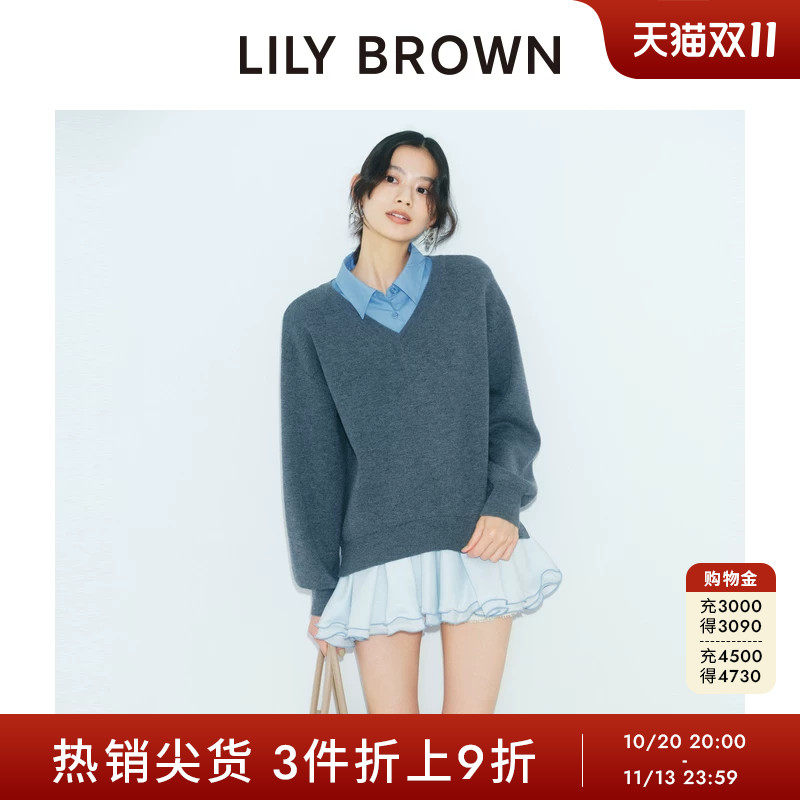 LILY BROWN秋冬款甜美拼接衬衫领荷叶边连衣裙LWNO254102