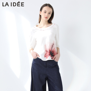 罗兰伊杜t恤休闲印花艺术感不规则圆领棉麻优雅气质上衣女 LAIDEE
