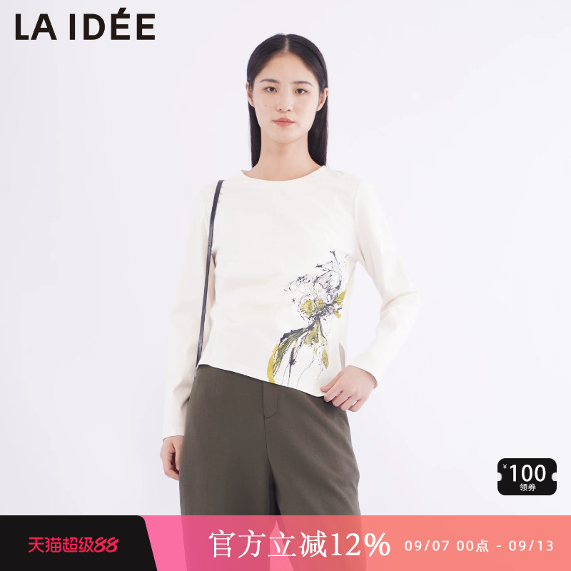 LAIDEE/罗兰伊杜宽松印花长袖T恤女设计感圆领上衣简约文艺白
