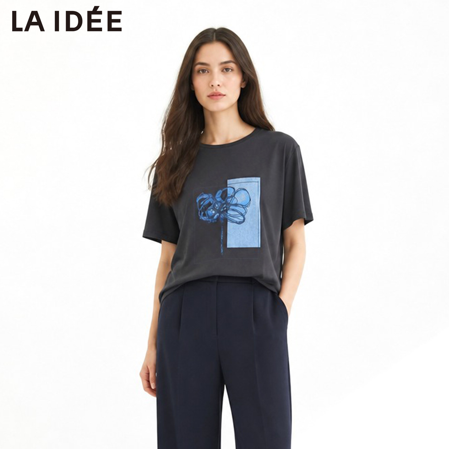 LAIDEE/罗兰伊杜印花T恤女夏短袖高端大牌灰色上衣