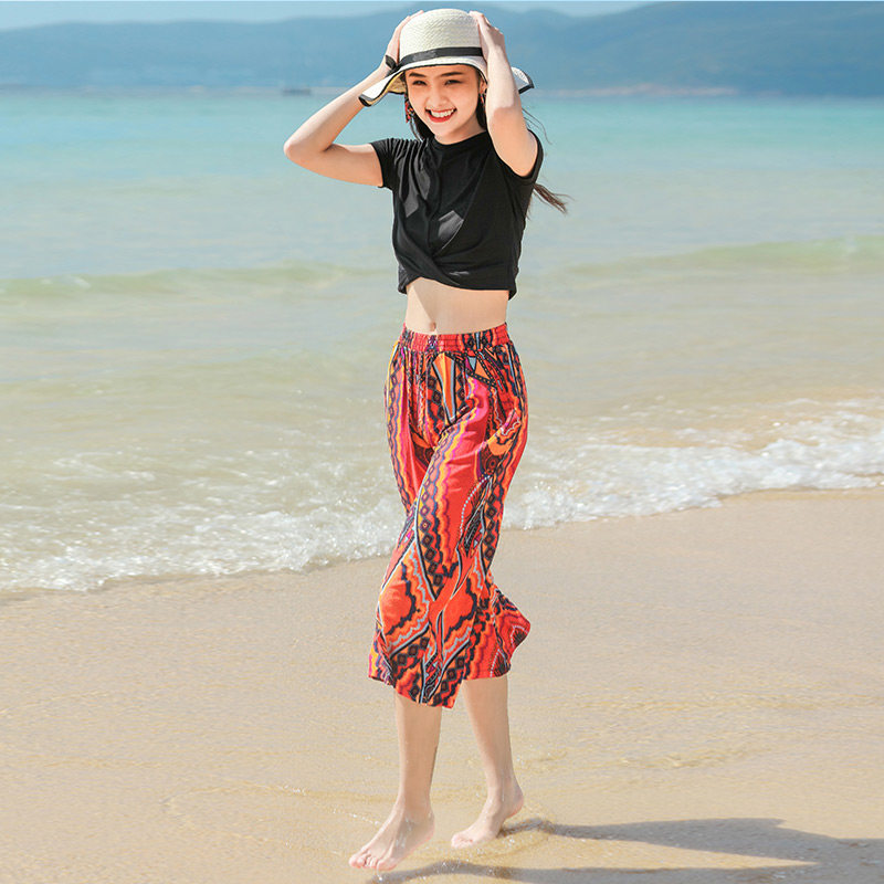 高腰阔腿裤裙裤女裤夏季家居裤薄款宽松冰丝棉绸七分人造棉沙滩裤