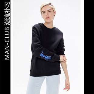 美代潮牌斯图西男女通用黑色手袖LOGO休闲套头衫圆领加绒运动卫衣