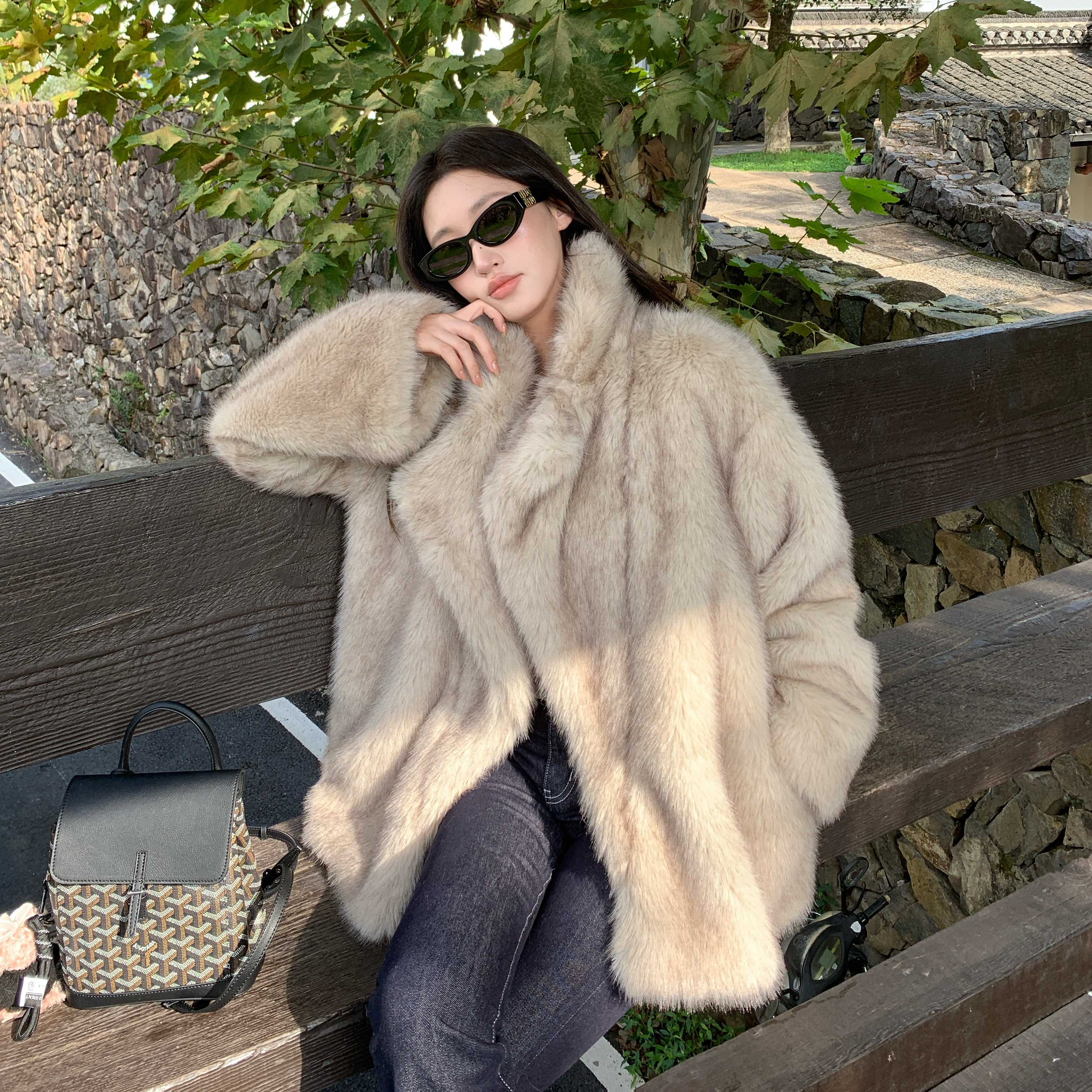 2025冬季新款渐变环保狐狸毛皮草外套大衣女西装领气质毛毛外套