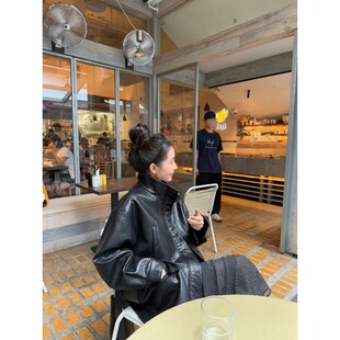 黑色廓形皮衣外套女2026春秋新款 复古立领港风设计感皮夹克上衣