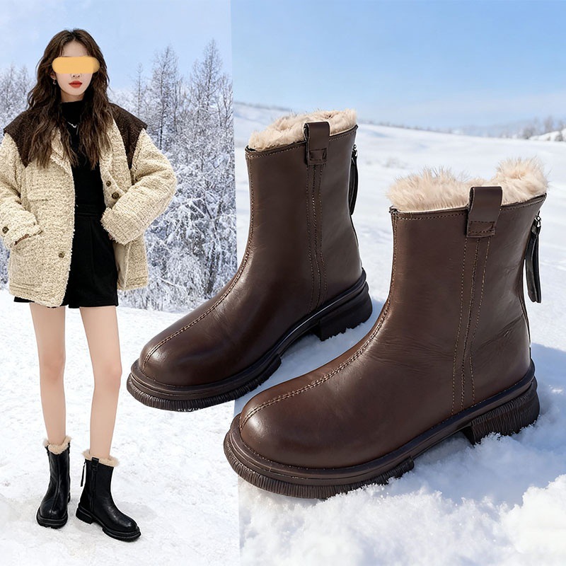 厚底加绒短靴女2025年冬季新款厚绒保暖雪地靴百搭时尚棉鞋马丁