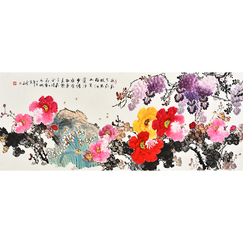 美协名家纯手绘牡丹紫藤国画真迹客厅餐厅挂画 花开富贵 紫气东来