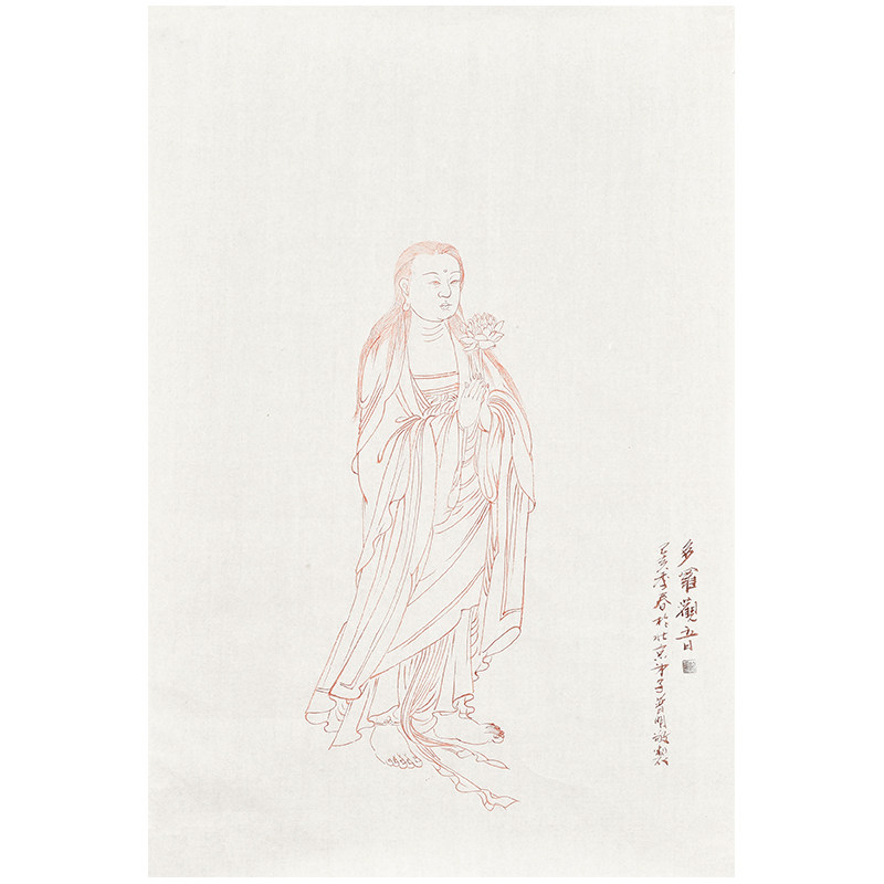 名家手绘朱砂线描佛像国画人物画观音图水月 书房禅意画茶室挂画