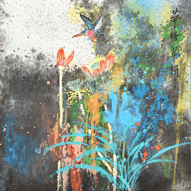手绘写意花鸟画泼彩荷花百年好合并蒂莲荷叶莲花和和美美字画真迹