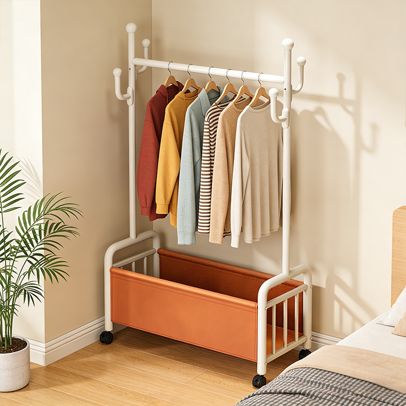 落地挂衣架卧室家用简易移动晾衣架带皮革收纳篮多功能晒衣架子