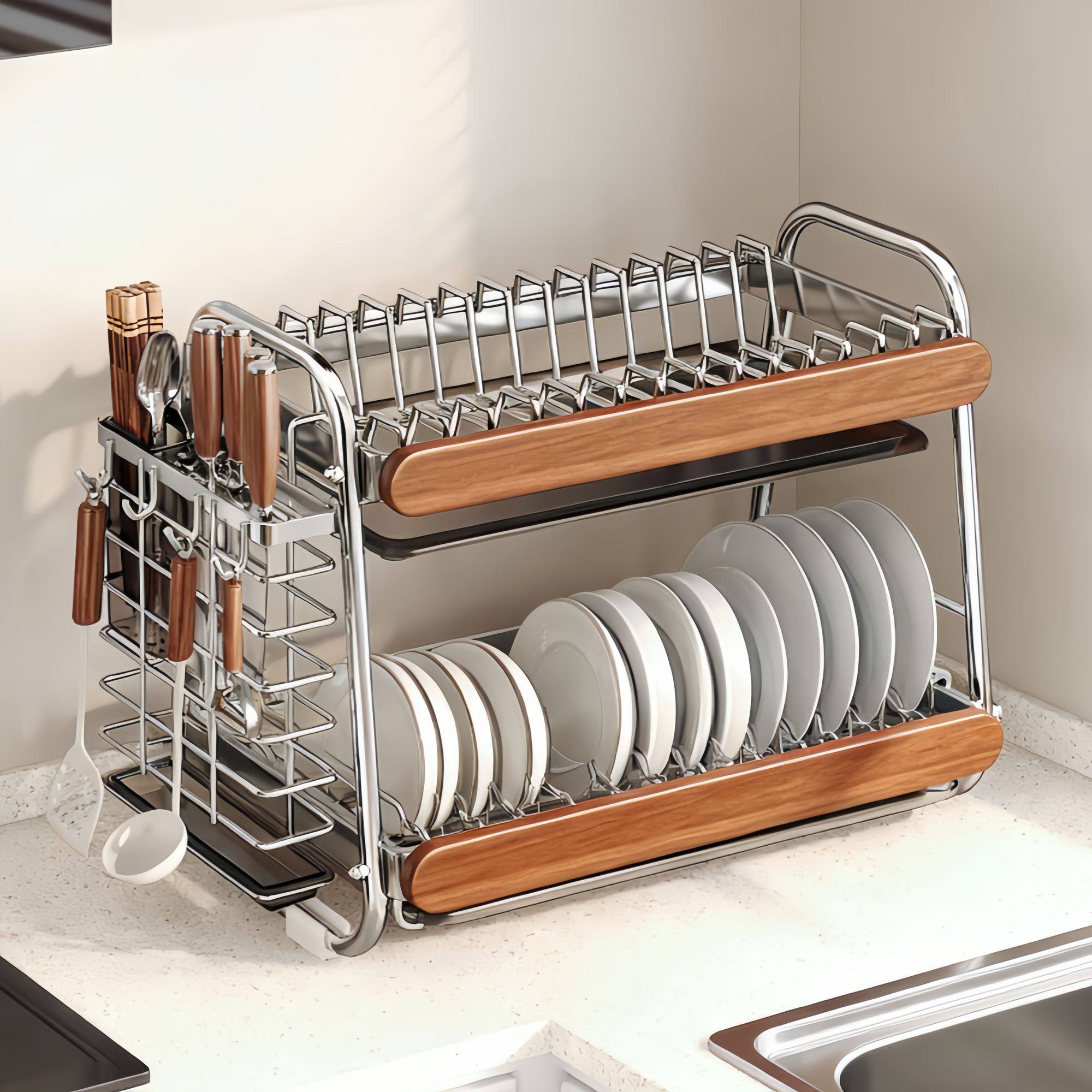 不锈钢碗碟收纳架进口橡胶木