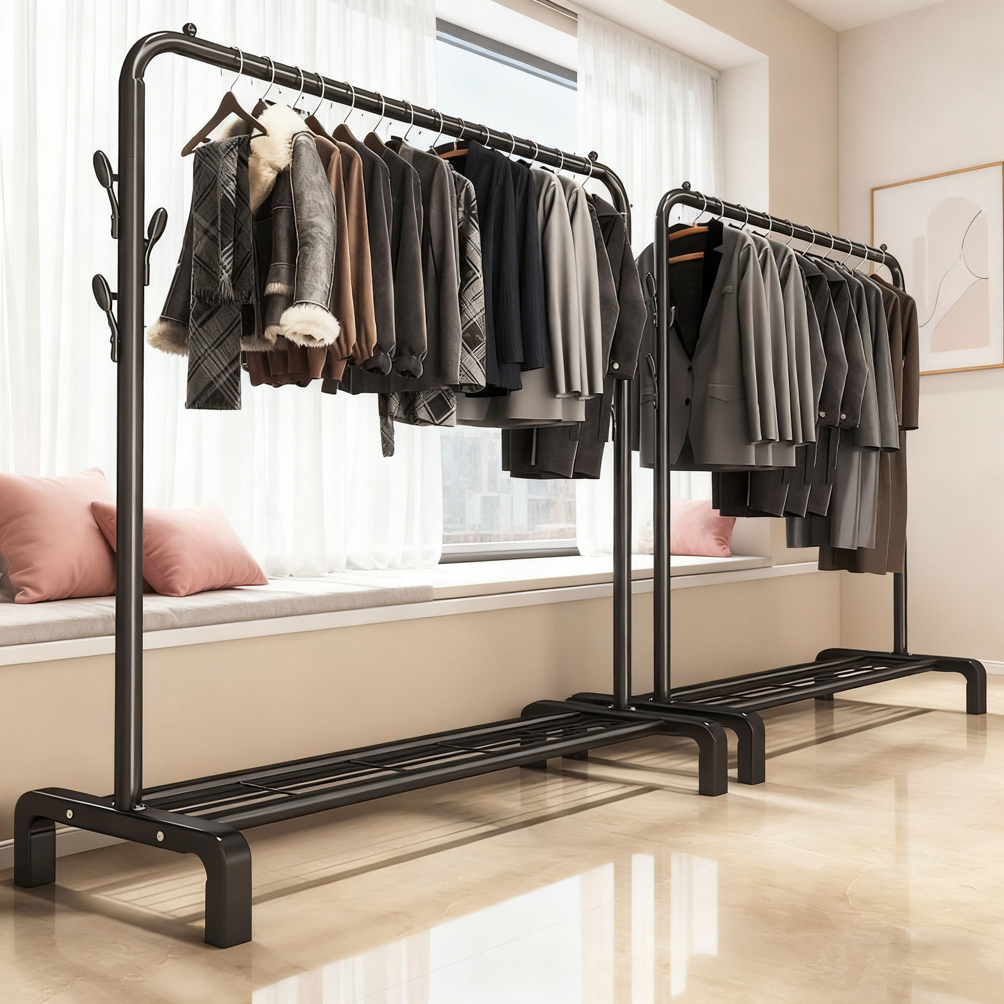 晾衣架落地家用卧室挂衣服折叠单杆简易室内宿舍移动晒凉衣帽架子