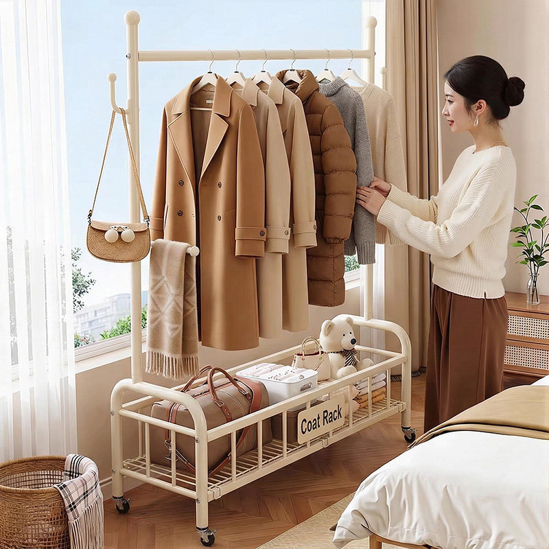 奶油风单杆挂衣架落地卧室床边简易室内凉晒不占空间的晾衣服架子,收纳整理,金属衣架,淘宝优惠券,粉丝福利购,淘宝优惠卷