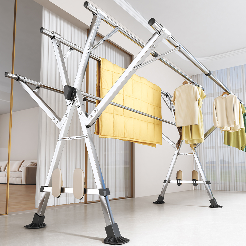 折叠晾衣架落地家用卧室阳台晒衣架室内外防风伸缩杆式晒被子架子