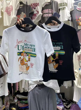 VITALSIGN韩国设计师潮品牌2025夏季新款撞色圆领设计字母印花T恤